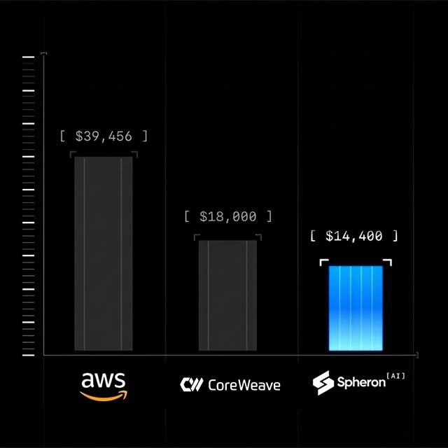 GPU pricing comparison chart showing annual costs: Spheron at $14,400, CoreWeave at $18,000, and AWS at $39,456